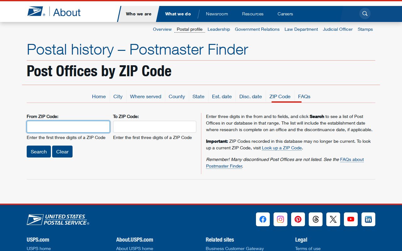 Gates ZIP code directory USPS historical post-office finder